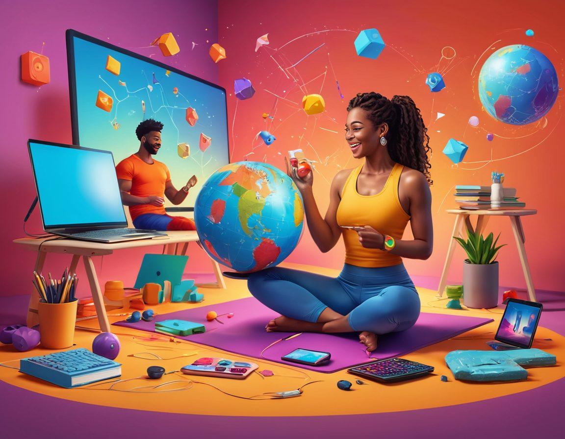 A vibrant scene depicting diverse people engaging in various online communities, sitting at their computers with joyful expressions. Include elements representative of different interests like gaming, art, and fitness, with colorful icons floating around them. Incorporate a globe or network motifs to symbolize connectivity. Bright, cheerful colors to evoke a sense of belonging and excitement. cartoon style. vibrant colors. 3D.